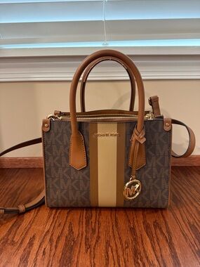 Michael Kors Brown and Tan Signature Stripe Satchel with Gold Hardware